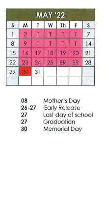 District School Academic Calendar for Van Zandt/rain Sp Ed Co-op for May 2022