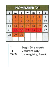 District School Academic Calendar for Van Zandt/rain Sp Ed Co-op for November 2021