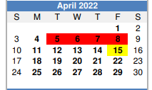 District School Academic Calendar for Alter Learning Ctr for April 2022