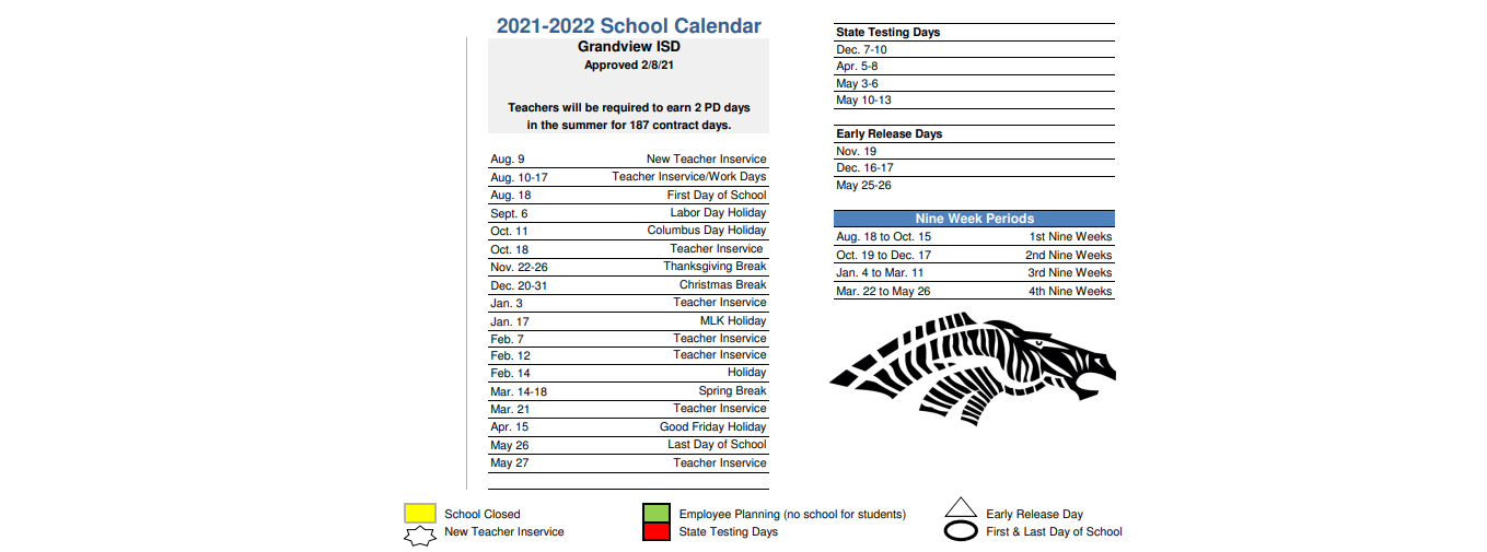 District School Academic Calendar Key for Grandview Junior High
