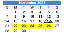 District School Academic Calendar for Grandview Isd Jjaep for November 2021