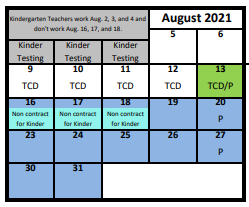 District School Academic Calendar for Mill Creek School for August 2021
