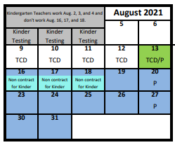 District School Academic Calendar for Cottonwood School for August 2021