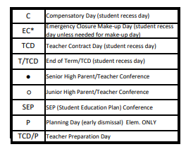 District School Academic Calendar Legend for Evergreen Jr High