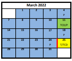 District School Academic Calendar for Young Parent Program for March 2022