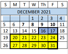 District School Academic Calendar for Grape Creek High School for December 2021