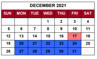 District School Academic Calendar for Instr Srvs Cntr-options Alt Prog for December 2021