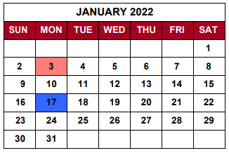 District School Academic Calendar for Thomas Jefferson Elem Sch for January 2022