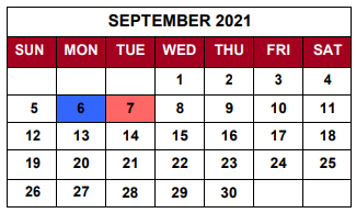 District School Academic Calendar for Thomas Jefferson Elem Sch for September 2021