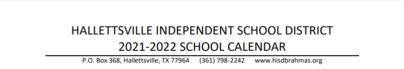 District School Academic Calendar for Hallettsville Elementary