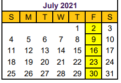 District School Academic Calendar for Hallsville J H for July 2021