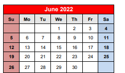 District School Academic Calendar for Ann Whitney Elementary for June 2022
