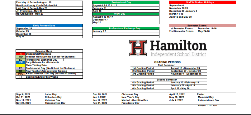 District School Academic Calendar Key for Hamilton High School