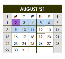 District School Academic Calendar for Hardin/chambers Ctr for August 2021