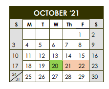 District School Academic Calendar for Hardin/chambers Ctr for October 2021