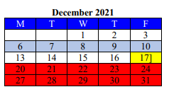 District School Academic Calendar for Hardin Co J J A E P for December 2021