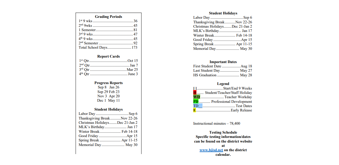 District School Academic Calendar Key for Sour Lake Elementary