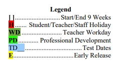 District School Academic Calendar Legend for Sour Lake Elementary