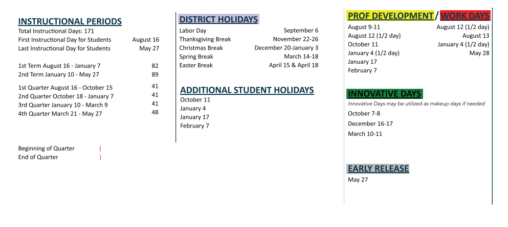 District School Academic Calendar Key for Early College High School