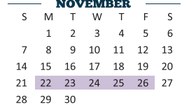 District School Academic Calendar for Ben Milam Elementary for November 2021