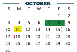 District School Academic Calendar for Early College High School for October 2021