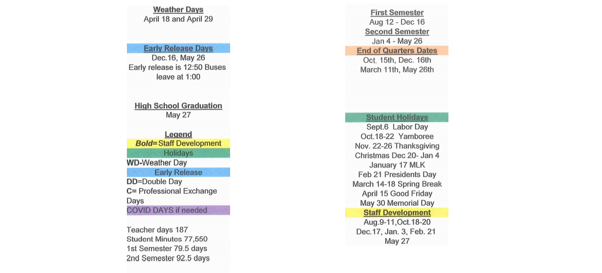 District School Academic Calendar Key for Harmony Elementary