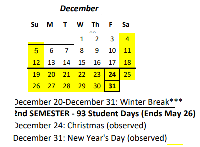 District School Academic Calendar for President Theodore Roosevelt High School for December 2021