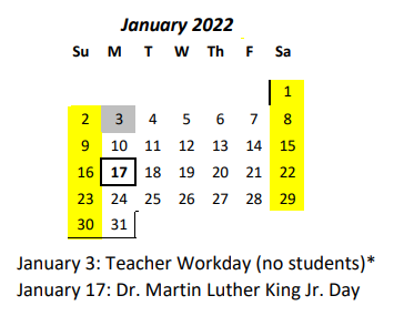 District School Academic Calendar for Waianae Elementary School for January 2022