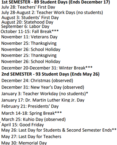 District School Academic Calendar Legend for Voyager - A Public Charter School