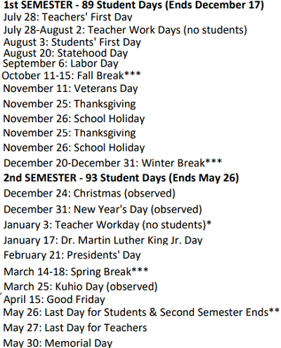 District School Academic Calendar Legend for Kahaluu Elementary School