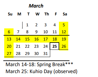 District School Academic Calendar for Ke Kula O Samuel M. Kamakau - A Laboratory Pcs for March 2022