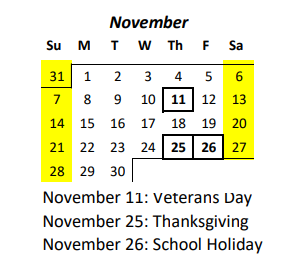District School Academic Calendar for Manoa Elementary School for November 2021