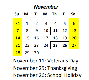 District School Academic Calendar for Waianae Elementary School for November 2021