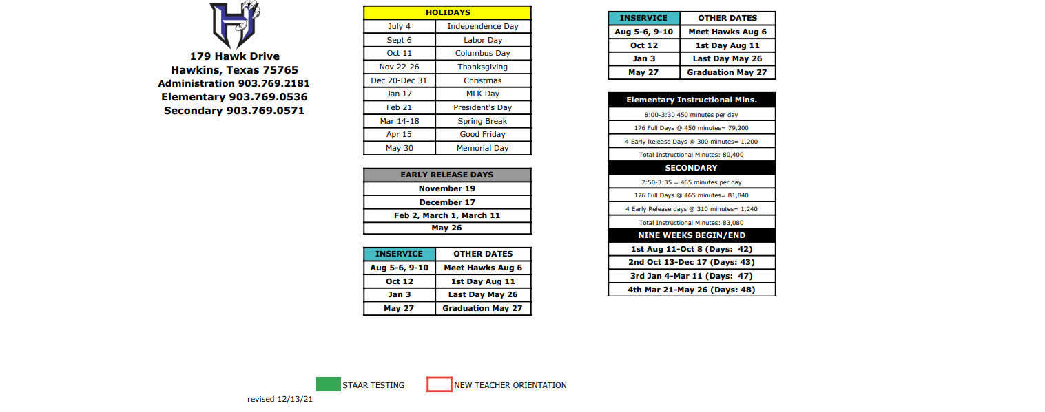 District School Academic Calendar Key for Hawkins High School