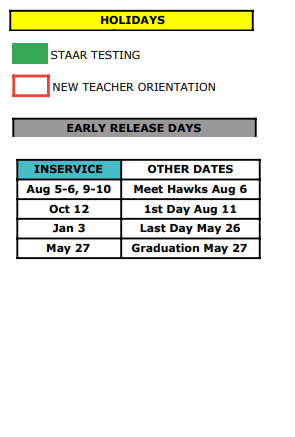 District School Academic Calendar Legend for Hawkins Middle