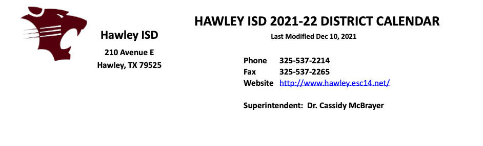 District School Academic Calendar for Hawley Elementary
