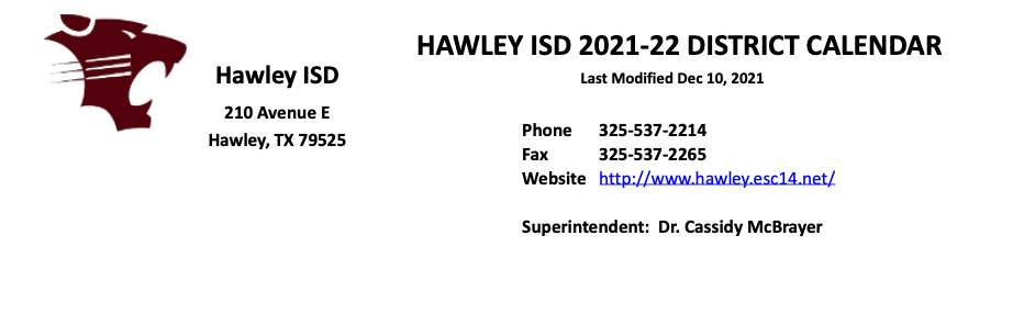 District School Academic Calendar for Hawley High School