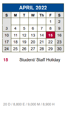 District School Academic Calendar for Alter Impact Ctr for April 2022