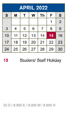 District School Academic Calendar for New M S #5 for April 2022