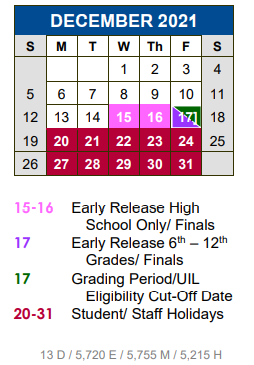 District School Academic Calendar for Academy At Hays for December 2021