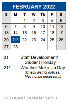 District School Academic Calendar for Lehman High School for February 2022