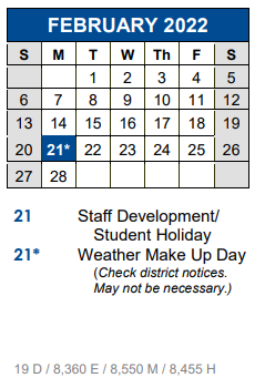 District School Academic Calendar for Science Hall Elementary School for February 2022