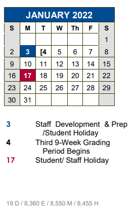 District School Academic Calendar for Academy At Hays for January 2022