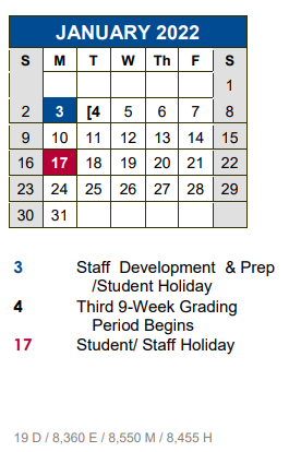 District School Academic Calendar for Negley Elementary School for January 2022