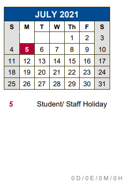 District School Academic Calendar for Hemphill Elementary School for July 2021