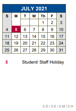 District School Academic Calendar for Hays Co Juvenile Justice Alt Ed Pr for July 2021