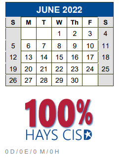 District School Academic Calendar for Kyle Elementary School for June 2022