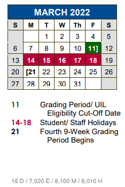 District School Academic Calendar for Hemphill Elementary School for March 2022