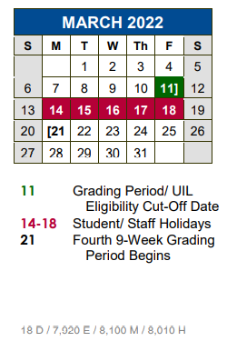 District School Academic Calendar for Dahlstrom Middle School for March 2022