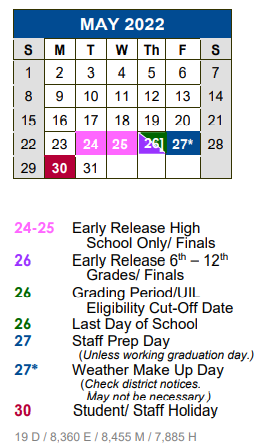 District School Academic Calendar for Hays Co Juvenile Justice Alt Ed Pr for May 2022